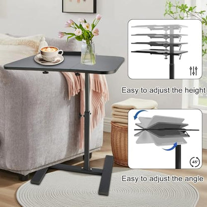 Simcat Height Adjustable Overbed Bedside Table with Wheels, Rolling Mobile Laptop Computer Standing Desk Cart with Tray Hospital/Home Use (Black Frame)