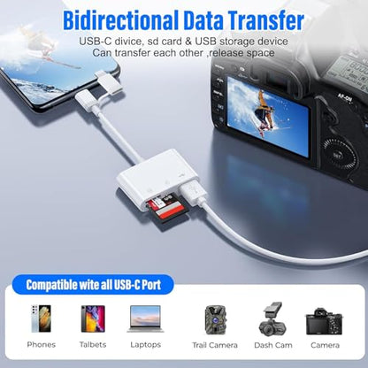 SD Card Reader for iPhone iPad, Built-in Lightning USB-C Dual Port SD Card Adapter with SD MicroSD USB 3 Slots Trail Camera Memory Card Viewer, No App Required, Plug and Play