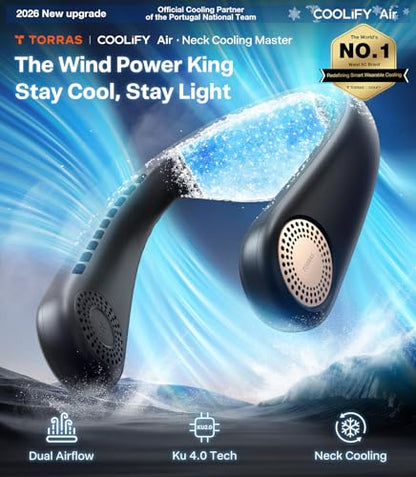 TORRAS COOLiFY Air 2026 Upgraded Neck Fan Air Conditioner, Dual-Airflow Pro Cooling, Ultra Light Portable Fan Rechargeable, Personal Cooling Fan Travel Essentials, Gift for Dad Husband Father, Black - color: Deep Black