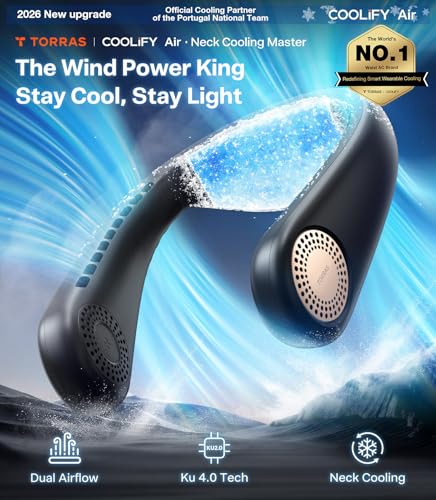 TORRAS COOLiFY Air 2026 Upgraded Neck Fan Air Conditioner, Dual-Airflow Pro Cooling, Ultra Light Portable Fan Rechargeable, Personal Cooling Fan Travel Essentials, Gift for Dad Husband Father, Black - color: Deep Black