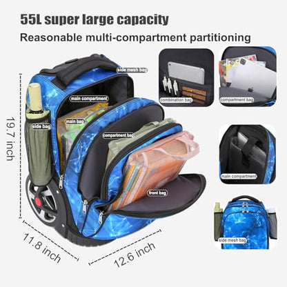 Rolling Backpack, 55L (14.5gal) Backpack with Wheels for Business, Waterproof Backpacks with Dual Handles and Silent Large Wheels, Carry on Backpack with Laptop Compartment (Black,22 inch) - color: Black(22 Inch)