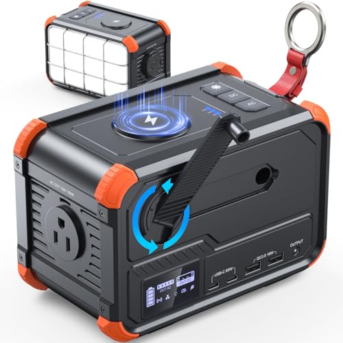 BROWEY Portable Power Station 153Wh Camping Small Solar Generator with Hand Crank 120V 150W AC Outlet Lithium Battery Power Bank, Wireless Charging Emergency Charger for Outdoor Travel Home Backup - color: Orange