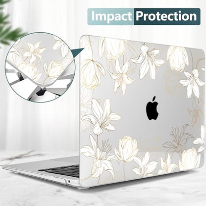 DONGKE Compatible with MacBook Air 13 inch Case 2021 2020 2019 2018 Release A2337 M1 A2179 A1932 with Retina Display Touch ID, Plastic Hard Shell & Keyboard Cover - Golden Florals - color: Golder Florals X482
