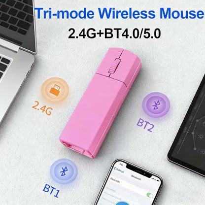 Wireless Bluetooth Mouse, Mini 3-Mode (BT4.0/5.0+2.4G) Finger Noiseless Rechargeable Travel Small Mice with Mouse Case, 3 Buttons Ultra Lightweight Portable Wireless Mice for Desktop Laptops PC（Pink） - color: Pink