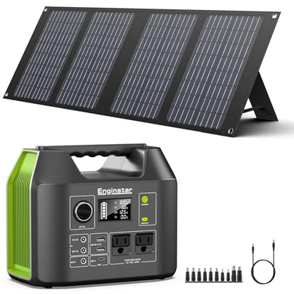 EnginStar Portable Power Station, 300W 296Wh Battery Bank with 110V Pure Sine Wave, 60W Foldable Solar Panel with 18V DC Outlet for Portable Power Stations