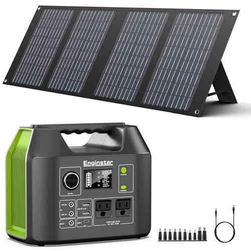 EnginStar Portable Power Station, 300W 296Wh Battery Bank with 110V Pure Sine Wave, 60W Foldable Solar Panel with 18V DC Outlet for Portable Power Stations