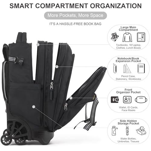 NEW TILAMI 18 Inch Expandable Rolling Backpack Stair-Climbing for School | 6-Wheel Stair-Climbing Girls Boys Carry-on Suitcase 15.6 Laptop Sleeve Water-Resistant Adjustable Handle Wheel Travel Camping - color: Black