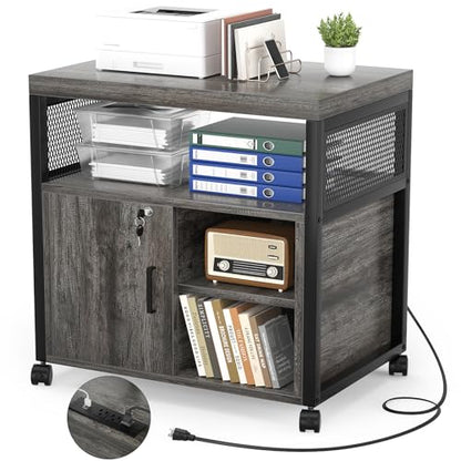 Unikito Rolling File Cabinet Lateral Office Filing Cabinets with Socket and USB Charging Port, Modern Printer Stand on Wheels Printer Cabinet with Door and Open Storage, Lockable, Black Oak - color: Black Oak
