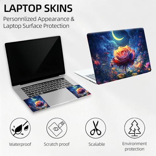 Enchanted Rose Under Moon Night Universal Laptop Skin Sticker 3PCS, Protective Decal Trim-to-Fit 11.6" 13.3" 14" 15.6" Laptop Vinyl Cover, Removable Anti-Scratch Computer Decal Protector - color: Enchanted Rose Under Moon Night