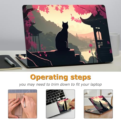 Universal Laptop Skin Sticker with 2 Wrist Pad Decals, 3-Piece Removable Vinyl Laptop Cover, Black Cat Landscape Waterproof Anti-Scratch, Easy-Trim Fit for 13.3" 14" 15.6" Laptops - color: Black Cat Landscape
