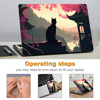 Universal Laptop Skin Sticker with 2 Wrist Pad Decals, 3-Piece Removable Vinyl Laptop Cover, Black Cat Landscape Waterproof Anti-Scratch, Easy-Trim Fit for 13.3" 14" 15.6" Laptops - color: Black Cat Landscape