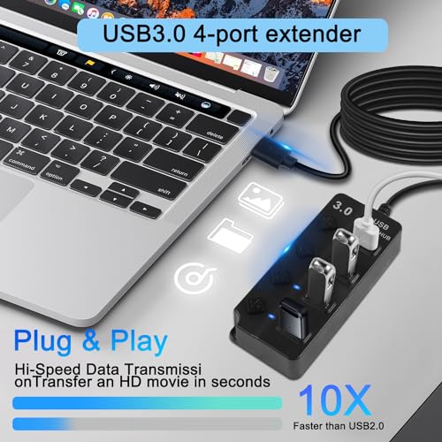 5FT 4-Port USB3.0 Expander Hub, USB 3.0 Fast Data Hub with Individual LED Power On/Off Switches, Portable USB Port Extender for PC, USB Flash Drives and More