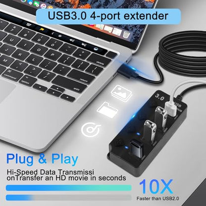 5FT 4-Port USB3.0 Expander Hub, USB 3.0 Fast Data Hub with Individual LED Power On/Off Switches, Portable USB Port Extender for PC, USB Flash Drives and More