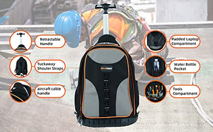 MELOTOUGH Wheeled Rolling Tool Backpack Heavy Duty for Tradesman | Heavy-Duty Water-Resistant 600D, 37 Pockets & Large Interior, Smooth Wheels & Telescoping Handle, Pro Tool Organizer - color: Grey