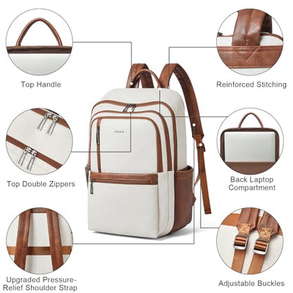 17 inch Leather Laptop Backpack for Women, Large Travel Backpack with 6 Compartments, Computer Backpack Purse for Work College - color: Beige