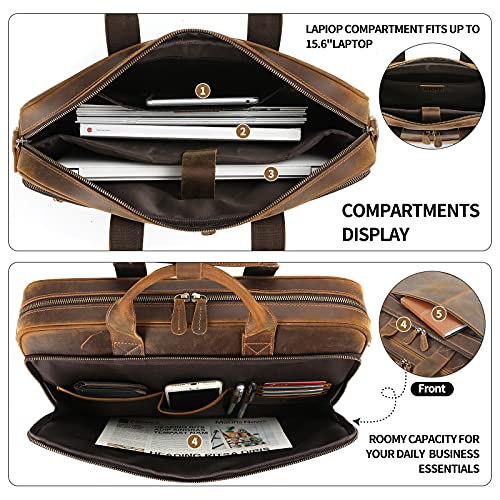 Jack&Chris Full Grain Leather Briefcase for Men, Business Messenger Bag Laptop Bag Attache Case, Fits 15.6 Inch Laptop - color: Brown-15.6inch