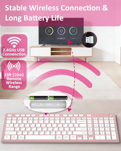 FENIFOX Wireless Silent Keyboard, Ultra Quiet USB C Low Profile Compact Full Size with Number Pad Flat Slim Thin Soft Touch for Mac Computer MacBook iMac PC Laptop Desktop Office (Pink Rose Gold) - color: Pink Rose Gold
