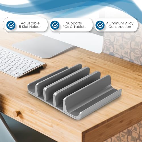 Multiple Laptop Holder Vertical – Adjustable Laptop Vertical Stand Holds 5 Devices, Fits All MacBooks Laptops Tablets and Mobiles (up to 17.3”). Closed Upright Vertical Laptop Stand for Desk - color: Grey