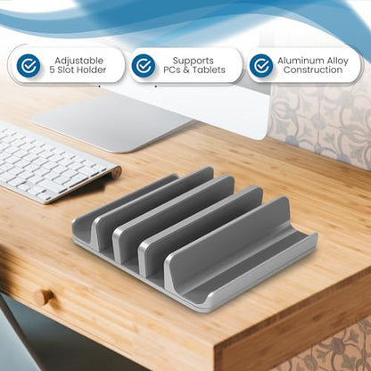 Multiple Laptop Holder Vertical – Adjustable Laptop Vertical Stand Holds 5 Devices, Fits All MacBooks Laptops Tablets and Mobiles (up to 17.3”). Closed Upright Vertical Laptop Stand for Desk - color: Grey
