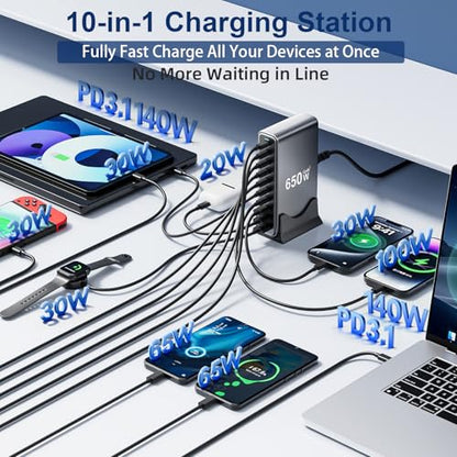 650W USB C Fast Charger Block, Dual PD3.1 140W Multi-Port USB Charging Station, GaN Ⅲ PD PPS Fast Charging Station for Multiple Devices,Laptop Wall Charger Compatible with iPhone 17/iPad/MacBook etc - size: 650W+A 240W Braided Nylon Fast Charging Cable