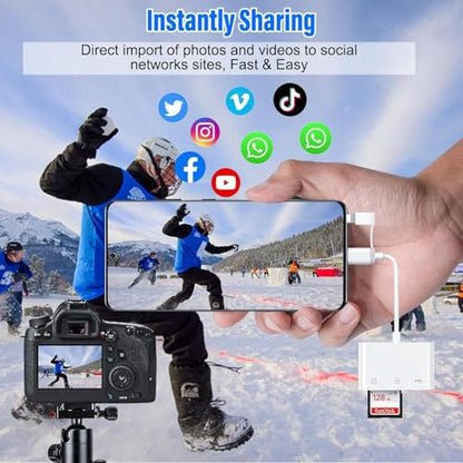SD Card Reader for iPhone iPad, Built-in Lightning USB-C Dual Port SD Card Adapter with SD MicroSD USB 3 Slots Trail Camera Memory Card Viewer, No App Required, Plug and Play