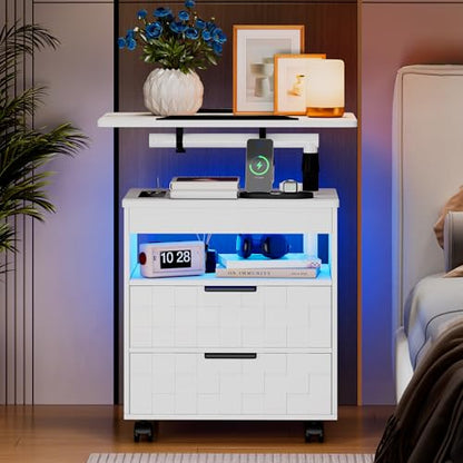 Lareth Rolling Nightstand with Wheels, LED Lights, Charging Station | Height Adjustable, Bedside Table 2 Drawers, Smart Wooden End Table Dorm Side Table Laptop Workstaion, Bedroom, White - color: A White