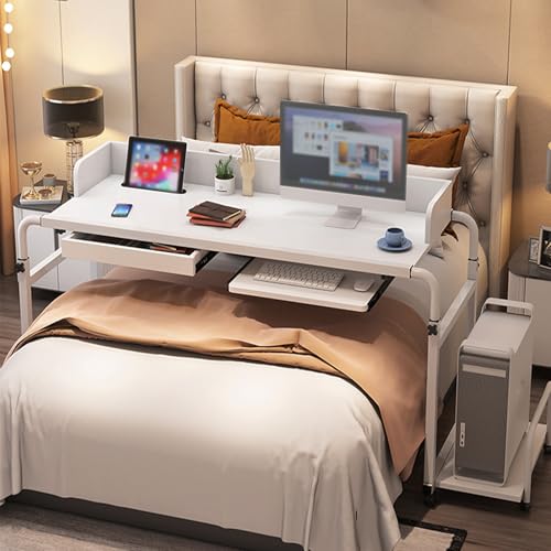 Over The Bed Table with Wheels Adjustable Height and Width with Drawer, Keyboard Tray, Console Tray for Bedroom, Living Room, Dining Room, Study Room(White) - color: White