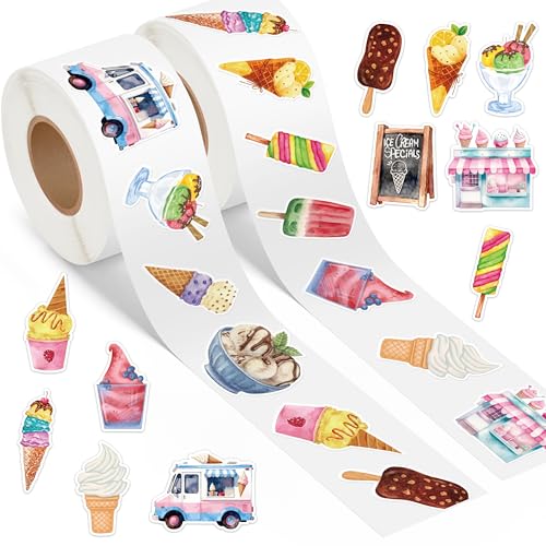 Haooryx Ice Cream Sticker Rolls - 1000Pcs Watercolor Summer Ice Cream Stickers 2 Rolls Waterproof Vinyl Self Adhesive Water Bottle Activity Pad Birthday Gift Party Favor DIY Scrapbook Journal Supplies - style: Ice Cream