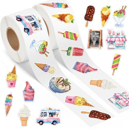 Haooryx Ice Cream Sticker Rolls - 1000Pcs Watercolor Summer Ice Cream Stickers 2 Rolls Waterproof Vinyl Self Adhesive Water Bottle Activity Pad Birthday Gift Party Favor DIY Scrapbook Journal Supplies - style: Ice Cream