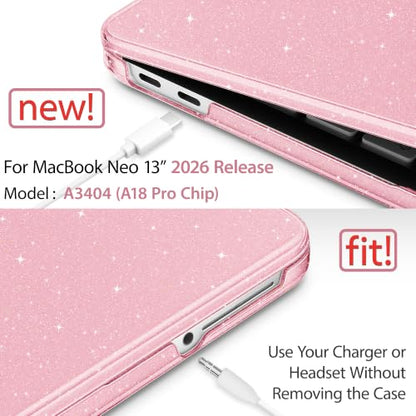 May Chen Compatible with MacBook Neo 13 inch Case 2026 Model A3404, Plastic Hard Shell,Keyboard Cover,Screen Protector,Dust Plug, for MacBook Neo 13" with A18 Pro Chip, Glitter Pink - color: Glitter Pink