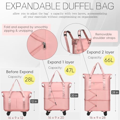 VOOWO Duffel Bag with Wheels - Rolling Foldable Expandable Duffle bags for Travel, Rolling Under Seat Luggage Carry On Travel Bag, Large Wheeled Overnight Weekender Bag (Pink) - color: Pink