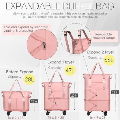 VOOWO Duffel Bag with Wheels - Rolling Foldable Expandable Duffle bags for Travel, Rolling Under Seat Luggage Carry On Travel Bag, Large Wheeled Overnight Weekender Bag (Pink) - color: Pink