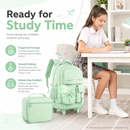 3Pcs Rolling Backpack for Girls Women, School Kids Roller Bookbag with Wheels, Wheeled Backpacks Set for Elementary (Green) - color: Bow Green