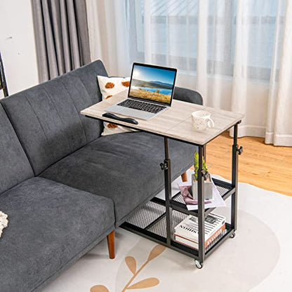 Tangkula Height Adjustable C Shaped End Table with Lockable Wheels, Mobile Couch Desk Table with Tiltable Table Top, Sofa Bedside Laptop Stand TV Tray with Storage Shelves, Snack Side Table - color: Natural