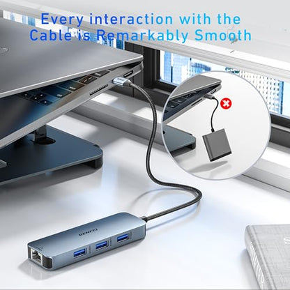 BENFEI USB C HUB 6-in-1 with HDMI(4K@60Hz), Gigabit Ethernet, 100W Power Delivery, 3*USB 3.0, Silicone Cable, Aluminum Case Compatible with iPhone 15 Pro/Max, MacBook, iPad Pro, iMac, S23, XPS17 - style: 3A(6in1)