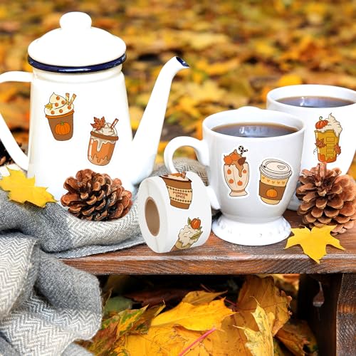 Haooryx Fall Coffee Sticker Roll - 1000p Autumn Pumpkin Spice Latte Coffee Cup Waterproof Vinyl Laptop Sticker Water Bottle Page Activity Pad Thanksgiving Birthday Party Scrapbook Greeting Card Making - style: Fall-Theme Pumpkin Coffee Cup 2Roll