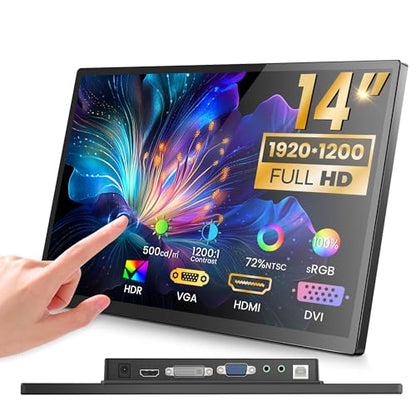 14 inch FHD Portable Touchscreen Monitor with HDMI VGA DVI Ports Compatible with Laptops PC PS5/4, Industrial, POS, Kiosk, Screen Extender 1920×1200 HDR IPS Small Touch Screen Display 500 nits