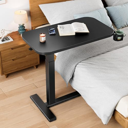 HUANUO 32Inch Bedside Table with Wheels, Height-Adjustable Rolling Computer Cart, Overbed Table with Cup Holder, Pneumatic Laptop Standing Desk for Home Office, Black - color: Black, size: Large-32 Inch