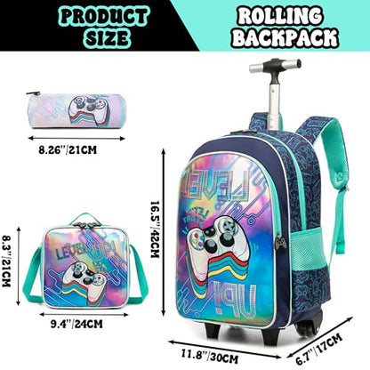 Meetbelify Kids Backpacks with Wheels for Boys Football Rolling Backpack with Lunch Box for Elementary Students Trip Luggage for Boys Ages 6-8 - color: 01 Game Level