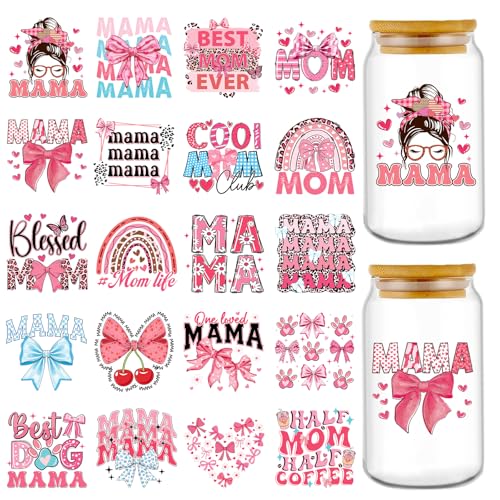 Rngmsi 20 Sheets Mom UV DTF Cup Wrap, Mama Waterproof Cold UV DTF Stickers | Pink Bow Aesthetic Uvdtf Stickers, Rainbow Flower Affirmative Rub on Transfer Decals, DIY Crafts - style: Mama