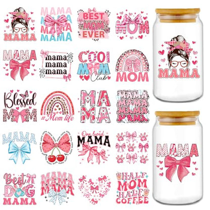 Rngmsi 20 Sheets Mom UV DTF Cup Wrap, Mama Waterproof Cold UV DTF Stickers | Pink Bow Aesthetic Uvdtf Stickers, Rainbow Flower Affirmative Rub on Transfer Decals, DIY Crafts - style: Mama