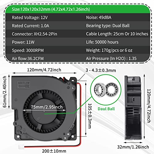120mm × 32mm Dual Ball 12V Blower Fan Brushless Squirrel Cage Centrifugal Fan for DIY Computer Amplifier Electronics Exhaust Inflatable Projects - style: 12v 2pin