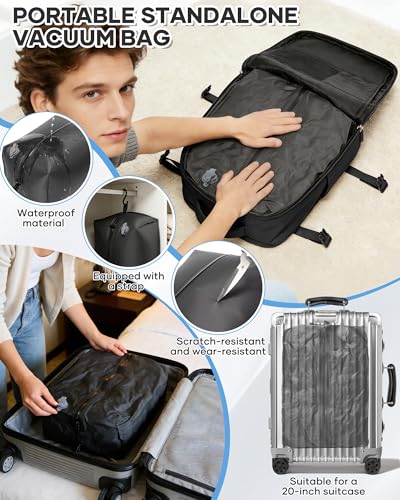 Travel Backpack for Women Men, Flight Approved Carry On Backpack with Compression Vacuum Storage Bags, 18x14x8 inches Personal Item Travel Bag with Pump Black - color: Black