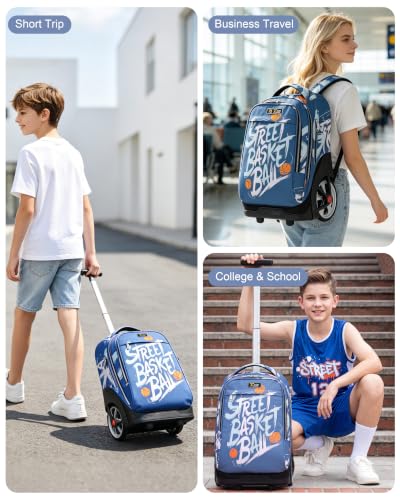 NEW TILAMI 19 Inch Rolling Backpack with Lunch Bag School Stair-Climbing | Stair-Climbing Teen Boys Girls Carry-on Suitcase Large Compartment 15.6 Laptop Sleeve Adjustable Handle Roller Travel Bag - color: Blue Basketball