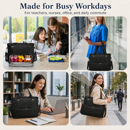 2-in-1 Insulated Lunch & Laptop Tote Bag for Women, Fits 15.6" Laptop, Lightweight Water-Resistant Polyester Work Tote Bag, Commuter Bag for Office, Teacher, Nurse & Travel, Black - color: Jet Black