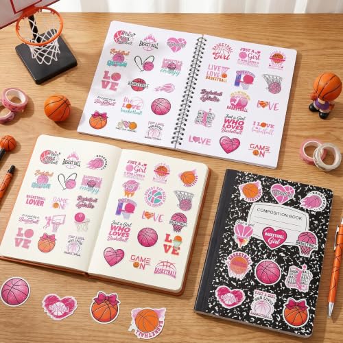 Pink Basketball Stickers for Women - 100 Pcs Cute Basketball Vinyl Sticker Decals, Sports Decals for Laptop Water Bottle Phone Case Notebook Skateboard Helmet Luggage Gift - style: Basketball