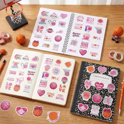 Pink Basketball Stickers for Women - 100 Pcs Cute Basketball Vinyl Sticker Decals, Sports Decals for Laptop Water Bottle Phone Case Notebook Skateboard Helmet Luggage Gift - style: Basketball