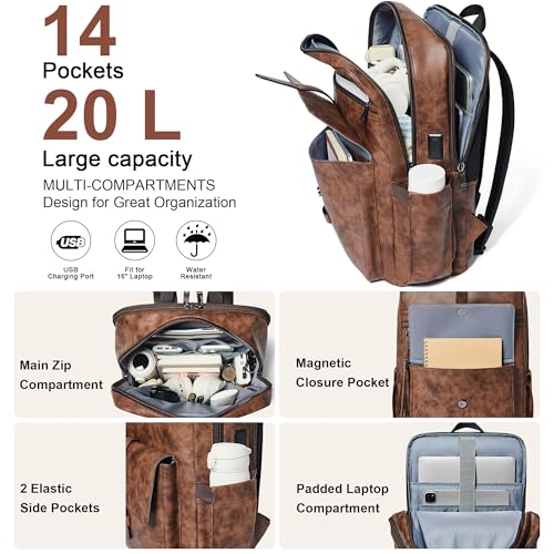 16 inch Vegan Leather Laptop Backpack with USB Charger | Smart Computer Backpack For Men and Women,Back Pocket Convert Luggage Sleeve,20L Large Capacity,Business Work Office College - color: Two-toned Brown