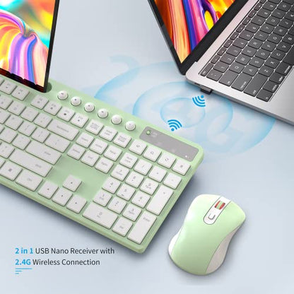 Wireless Keyboard and Mouse Combo, MARVO 2.4G Ergonomic Wireless Computer Keyboard with Phone Tablet Holder, Silent Mouse with 6 Button, Compatible with MacBook, Windows (Green) - color: Green