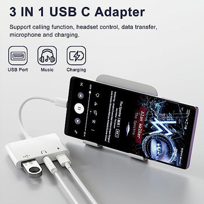 USB C to 3.5mm Audio Headphone Adapter with Charger Port,OTG Adapter | 3 in 1 USB C to USB Adapter for iPhone 17/16/15 Samsung Galaxy S22 Ultra S21 S20 i-Pad Pro Air Pixel 4 Laptops